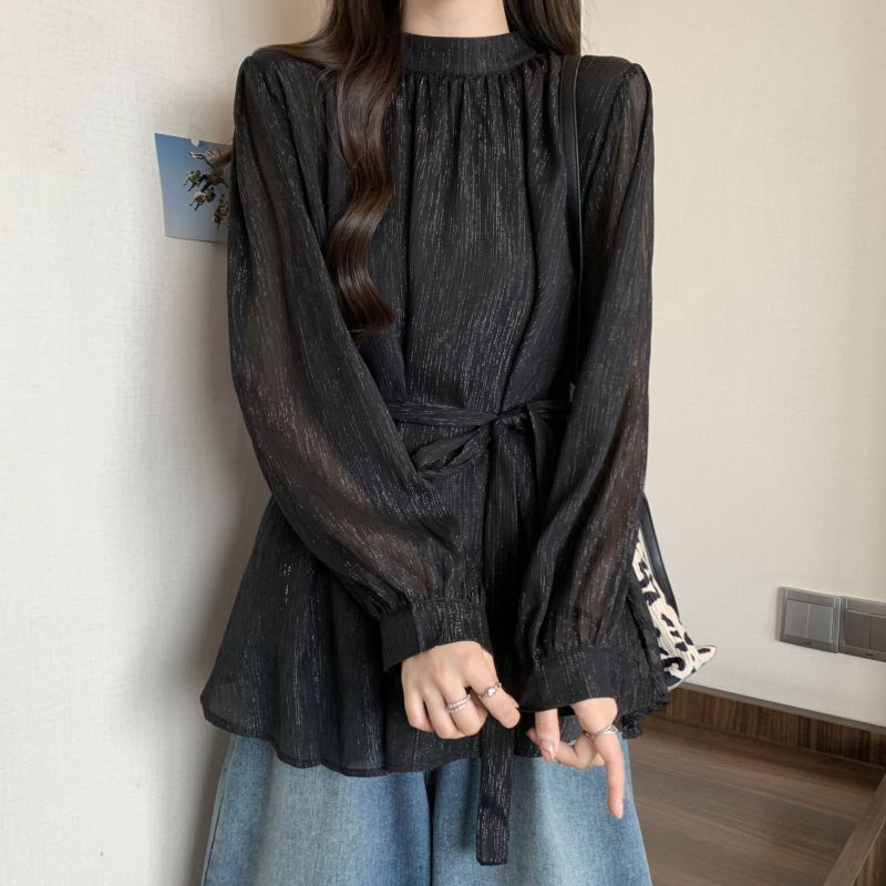 Design Lace-up Waisted Long-sleeved Shirt Women